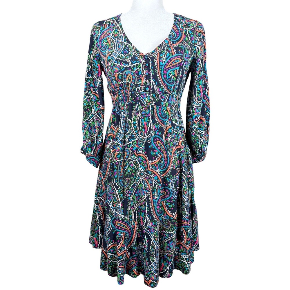 Maeve Dress Womens XSP Paisley Navy Blue Multi Boho Smocked Tiered Petite